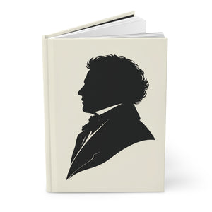 Hardcover journal with a black-on-ivory silhouette illustration of musician composer Franz Schubert opened
