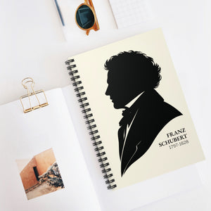 Hardcover journal with a black-on-ivory silhouette illustration of musician composer Franz Schubert
