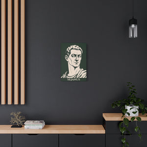 Canvas wall art with a bold illustration of Roman prefect Sejanus on a dark wall with wooden shelves and decor.
