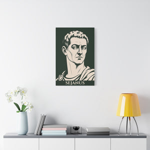 Canvas wall art with a bold illustration of Roman prefect Sejanus on a white wall