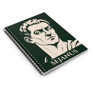 Spiral notebook with a bold illustration of Roman prefect Sejanus on a white surface