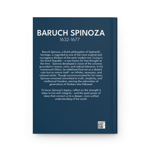 Hardcover journal with a bold illustration of philosopher Baruch Spinoza with a biography on the back cover