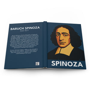 Hardcover journal with a bold illustration of philosopher Baruch Spinoza on the front cover and a bio on the back cover
