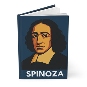 Hardcover journal with a bold illustration of philosopher Baruch Spinoza open