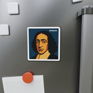 Vinyl magnet with a bold illustration of philosopher Baruch Spinoza on a refrigerator
