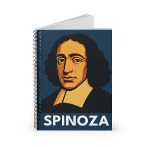 Spiral notebook with a bold illustration of philosopher Baruch Spinoza opened