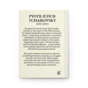 Hardcover journal with a black on ivory silhouette illustration of musician Pyotr Ilyich Tchaikovsky and a bio on the back cover