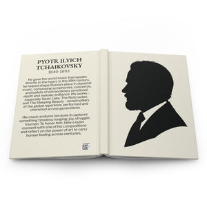 Hardcover journal with a black on ivory silhouette illustration of musician Pyotr Ilyich Tchaikovsky on the front cover and a bio on the back cover