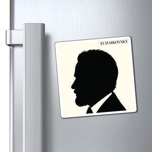Vinyl magnet with a black on ivory silhouette illustration of musician Pyotr Ilyich Tchaikovsky on a refrigerator