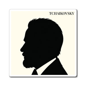 Vinyl magnet with a black on ivory silhouette illustration of musician Pyotr Ilyich Tchaikovsky