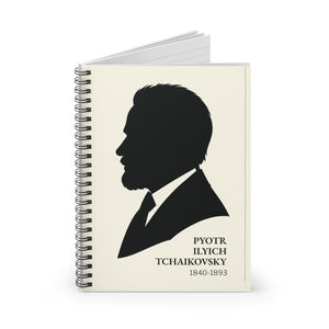 Spiral notebook with a black on ivory silhouette illustration of musician Pyotr Ilyich Tchaikovsky open view