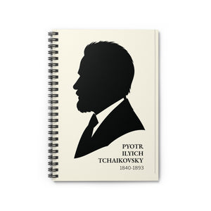 Spiral notebook with a black on ivory silhouette illustration of musician Pyotr Ilyich Tchaikovsky