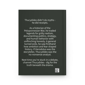 Hardcover journal with a bold black and beige illustration of ancient Greek historian Thucydides with a tribute on the back cover