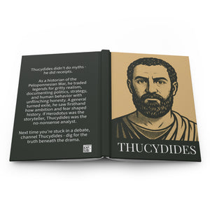 Hardcover journal with a bold black and beige illustration of ancient Greek historian Thucydides on the front cover and a tribute on the back cover