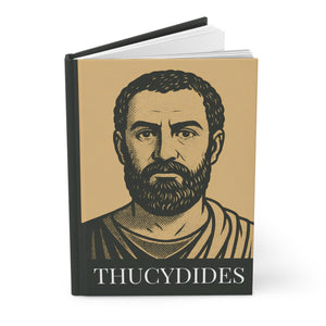 Hardcover journal with a bold black and beige illustration of ancient Greek historian Thucydides open