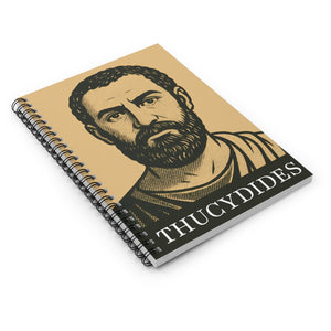 Spiral notebook with a bold black and beige illustration of ancient Greek historian Thucydides lying flat on a white surface