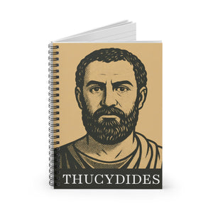 Spiral notebook with a bold black and beige illustration of ancient Greek historian Thucydides opened