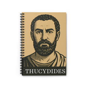 Spiral notebook with a bold black and beige illustration of ancient Greek historian Thucydides