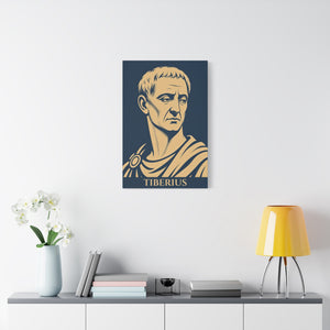 Canvas wall art with a bold illustration of Roman emperor Tiberius on a wall above a shelf with decor items.