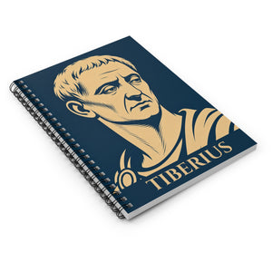 Spiral notebook with a bold illustration of Roman emperor Tiberius on a white surface
