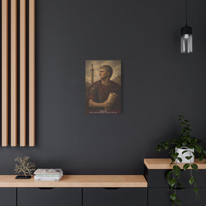 Canvas wall art with a beautiful, original illustration of Roman emperor Trajan on a dark wall with wooden shelves and decor.