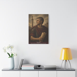 Canvas wall art with a beautiful, original illustration of Roman emperor Trajan on a wall above a table with decor items.