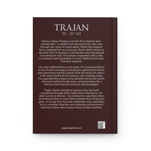 Hardcover journal with a beautiful, original illustration of Roman emperor Trajan with a bio on the back cover