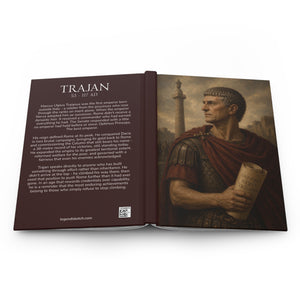 Hardcover journal with a beautiful, original illustration of Roman emperor Trajan on the front cover and a bio on the back cover