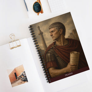 Spiral notebook with a beautiful, original illustration of Roman emperor Trajan on a white surface 