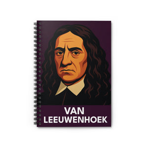 Spiral notebook with a bold illustration of scientist Antonie Van Leeuwenhoek