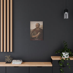 Canvas wall art with a beautiful, original illustration of Roman emperor Vespasian
on a dark wall with wooden shelves and decor.