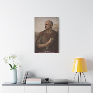Canvas wall art with a beautiful, original illustration of Roman emperor Vespasian on a white wall above a desk