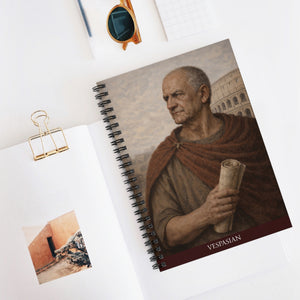 Spiral notebook with a beautiful, original illustration of Roman emperor Vespasian on a white surface with sunglasses and a photo clip.