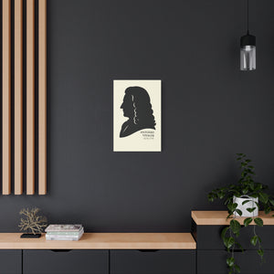 Canvas wall art with a black on ivory silhouette illustration of musician Antonio Vivaldi on a dark wall with wooden shelves and decor.
