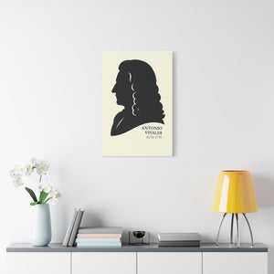 Canvas wall art with a black on ivory silhouette illustration of musician Antonio Vivaldi on a wall above a shelf with decor items.