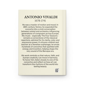 Hardcover journal with a black on ivory silhouette illustration of musician Antonio Vivaldi and biography on back cover