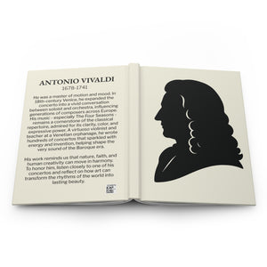 Hardcover journal with a black on ivory silhouette illustration of musician Antonio Vivaldi on the front and biography on the back