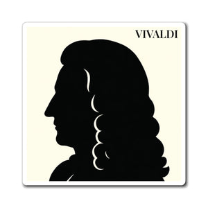 Fridge magnet with a black on ivory silhouette illustration of musician Antonio Vivaldi