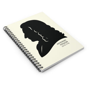 Spiral notebook with a black on ivory silhouette illustration of musician Antonio Vivaldi lying flat on a white surface
