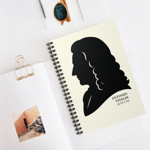 Spiral notebook with a black on ivory silhouette illustration of musician Antonio Vivaldi on a white surface