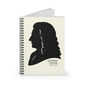Spiral notebook with a black on ivory silhouette illustration of musician Antonio Vivaldi open view
