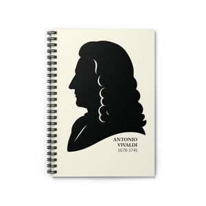 Spiral notebook with a black on ivory silhouette illustration of musician Antonio Vivaldi