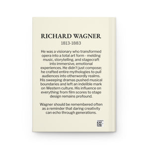 Hardcover journal with a black on ivory silhouette illustration of musician Richard Wagner and bio on the back cover