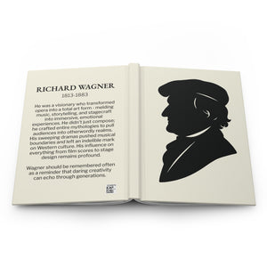 Hardcover journal with a black on ivory silhouette illustration of musician Richard Wagner on the front cover and a bio on the back cover