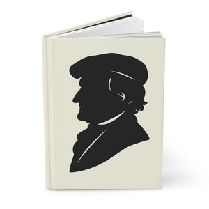 Hardcover journal with a black on ivory silhouette illustration of musician Richard Wagner open view