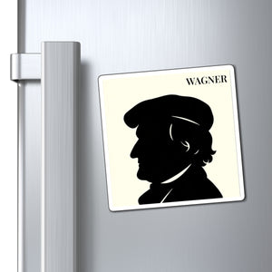 Vinyl magnet with a black on ivory silhouette illustration of musician Richard Wagner on a refrigerator