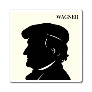 Vinyl magnet with a black on ivory silhouette illustration of musician Richard Wagner