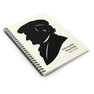 Spiral notebook with a black on ivory silhouette illustration of musician Richard Wagner flat on a white background