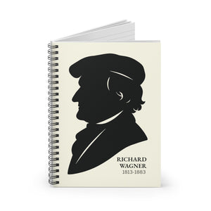 Spiral notebook with a black on ivory silhouette illustration of musician Richard Wagner open view