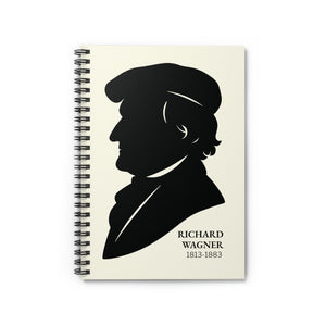 Spiral notebook with a black on ivory silhouette illustration of musician Richard Wagner
